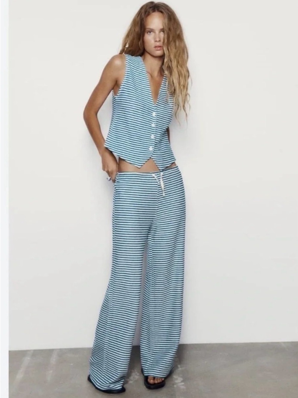 Zara Light Blue Striped Wide-Leg Pants & Matching Vest Set